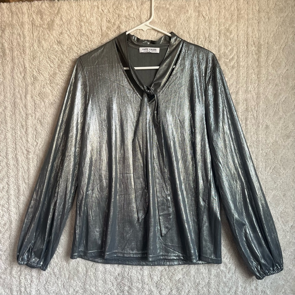 Kate Kasin Liquid Bronze Steel Metallic Top Neck Bow Sz M Festive New Years